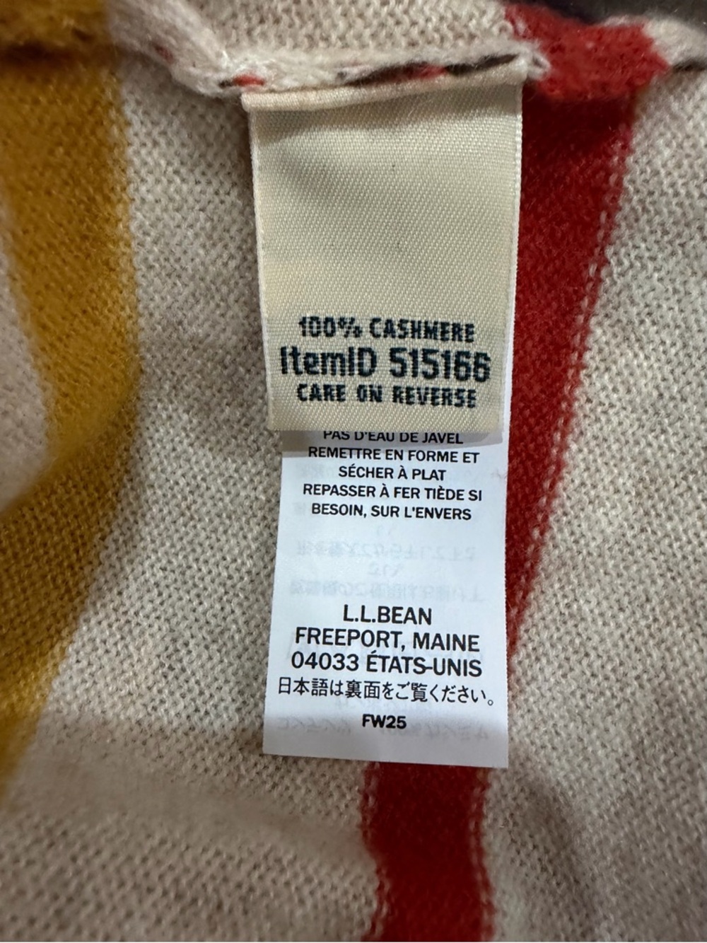 L.L. Bean Cream 100% Cashmere Sweater with Colored Stripes